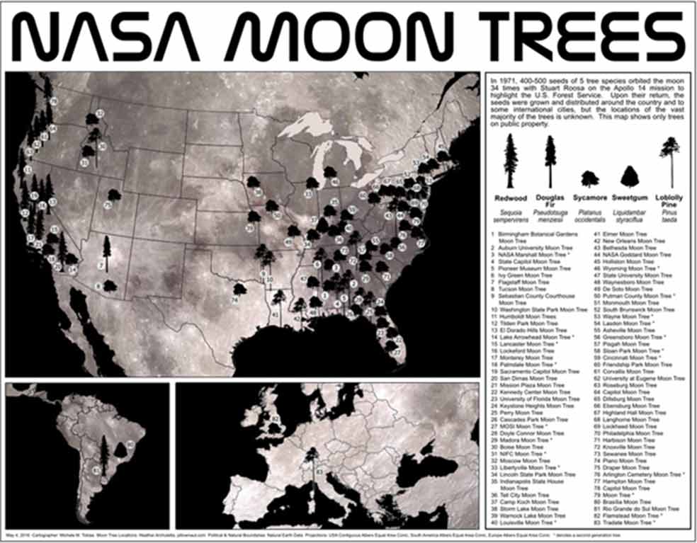 El mapa con la localización de los árboles lunares y de media luna está en continua construcción. En marzo pasada, el mapa registra árboles, vivos y muertos, de 31 estados. Desde la NASA siguen completándolo con la ayuda de los ciudadanos que informan de su situación y estado. |