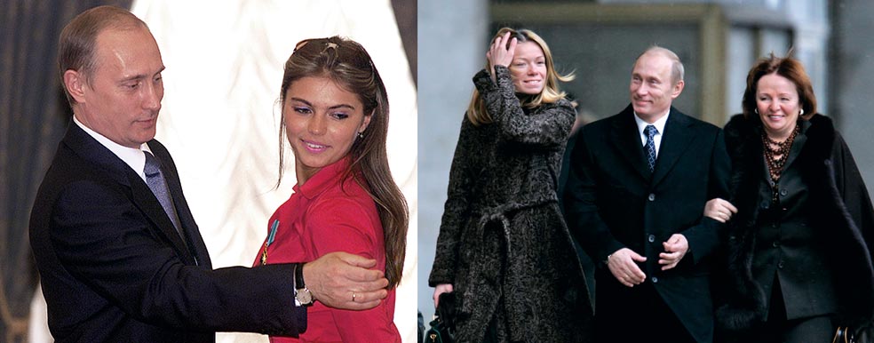 La vida privada de Putin es un tabú para los medios rusos. Sin embargo, alguna revista se ha atrevido a apuntar que la exgimnasta Alina Kabaeva (a la izquierda), de 30 años y toda una leyenda del deporte ruso, es su amante. Incluso se especula con que tengan hijos en común. Con Ludmila, su anterior esposa, estuvo más de 30 años casado. Oficialmente la causa de la separación fue que el trabajo no le dejaba tiempo para la familia. A la derecha, con su ex y una de sus hijas, María, de 36 años.