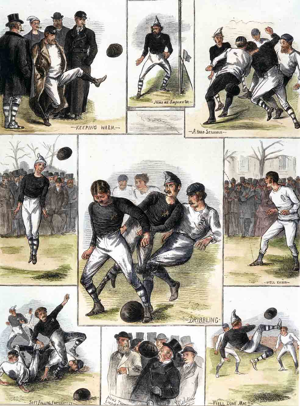Ilustraciones del primer partido internacional de fútbol. Fue un Escocia-Inglaterra y tuvo lugar en 1872.|