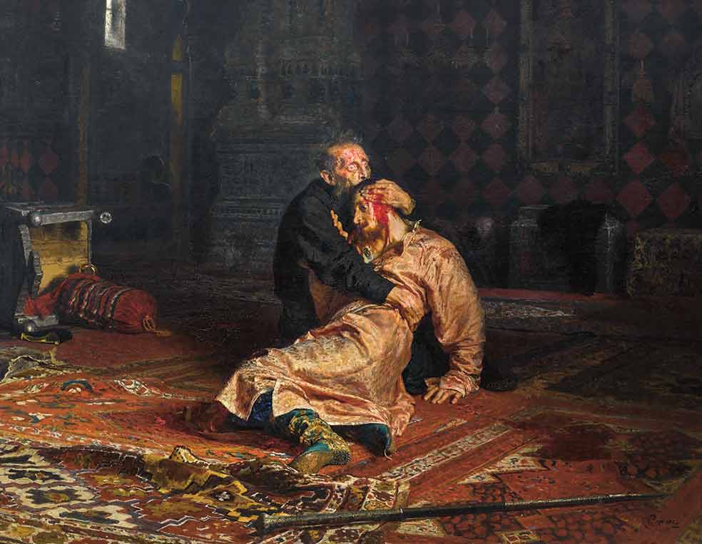 En un ataque de cólera golpeó con su bastón de hierro a su hijo y heredero, Iván Ivánovich, y lo mató. Era el año 1581. Iván el Terrible se arrepintió y vivió atormentado por ese crimen durante los tres años que sobrevivió a su hijo. Así imaginó la escena en el siglo XIX el pintor Iliá Repin.