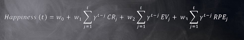 A primera vista, impone: variables, incógnitas, símbolos… Para calcular la felicidad (t), se diseña un juego (j) en el que el sujeto recibe una recompensa (CR). Si el botín es mayor que las expectativas (EV) del jugador, su alegría se incrementa. Y viceversa: si recibe menos de lo esperado, el chasco hará que disminuya. La fórmula incluye el nivel de dopamina (r) y la memoria (w). El símbolo griego sigma es la desviación típica en los resultados. En una revisión posterior fueron incluidas la envidia y la culpa.