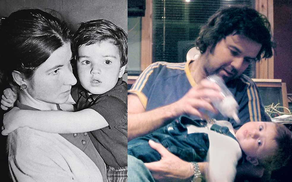 Donés tenía 16 años cuando su madre [en la foto de la izquierda, con 4] se suicidó. «Nunca ha estado en mi cabeza quitarme la vida, precisamente porque ella se la quitó. Vivir aquel proceso tan duro hizo que me enamorara de la vida», dijo. A la derecha, el músico con su hija, en un estudio de grabación.