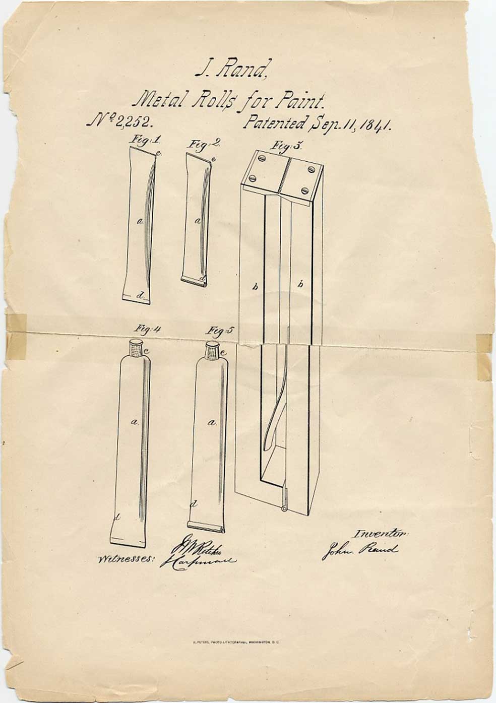 El tubo de estaño lo patentó el norteamericano John Rand, con este dibujo. Facilitó la venta a granel de pintura ya preparada y que los artistas estuvieran horas pintando en el exterior sin que se secaran sus pigmentos.