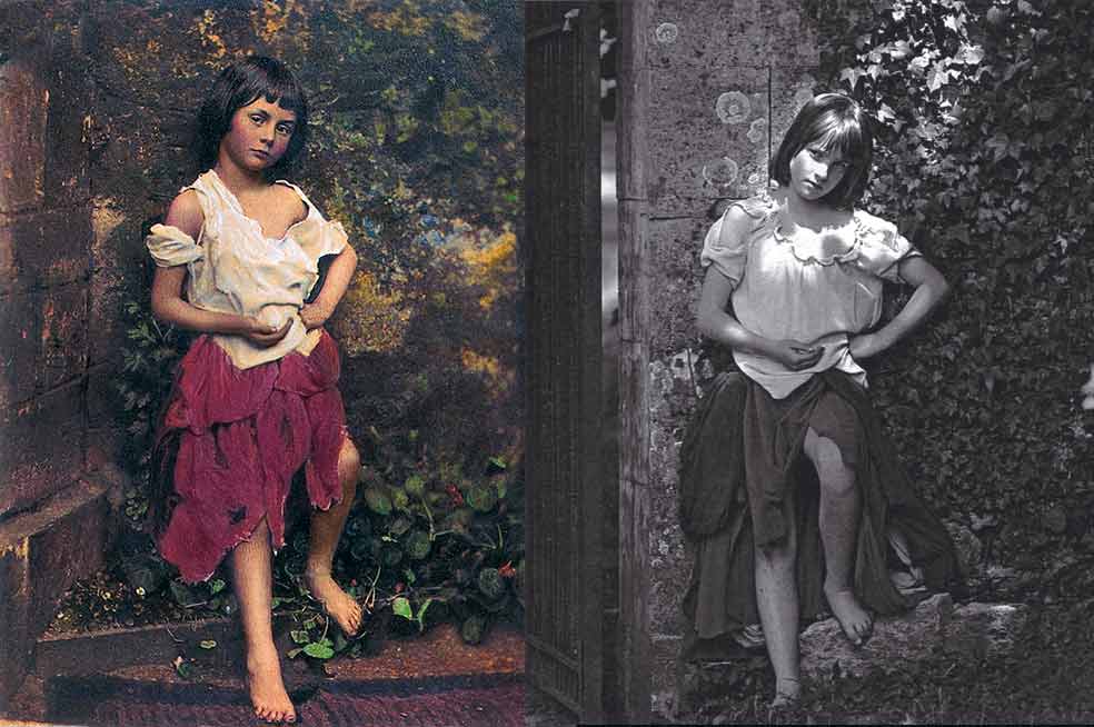 Vanessa Tait repitió, a los 11 años, la pose de la foto que Lewis Carroll hizo –y coloreó a mano– a su bisabuela cuando tenía seis años (a la izda.).