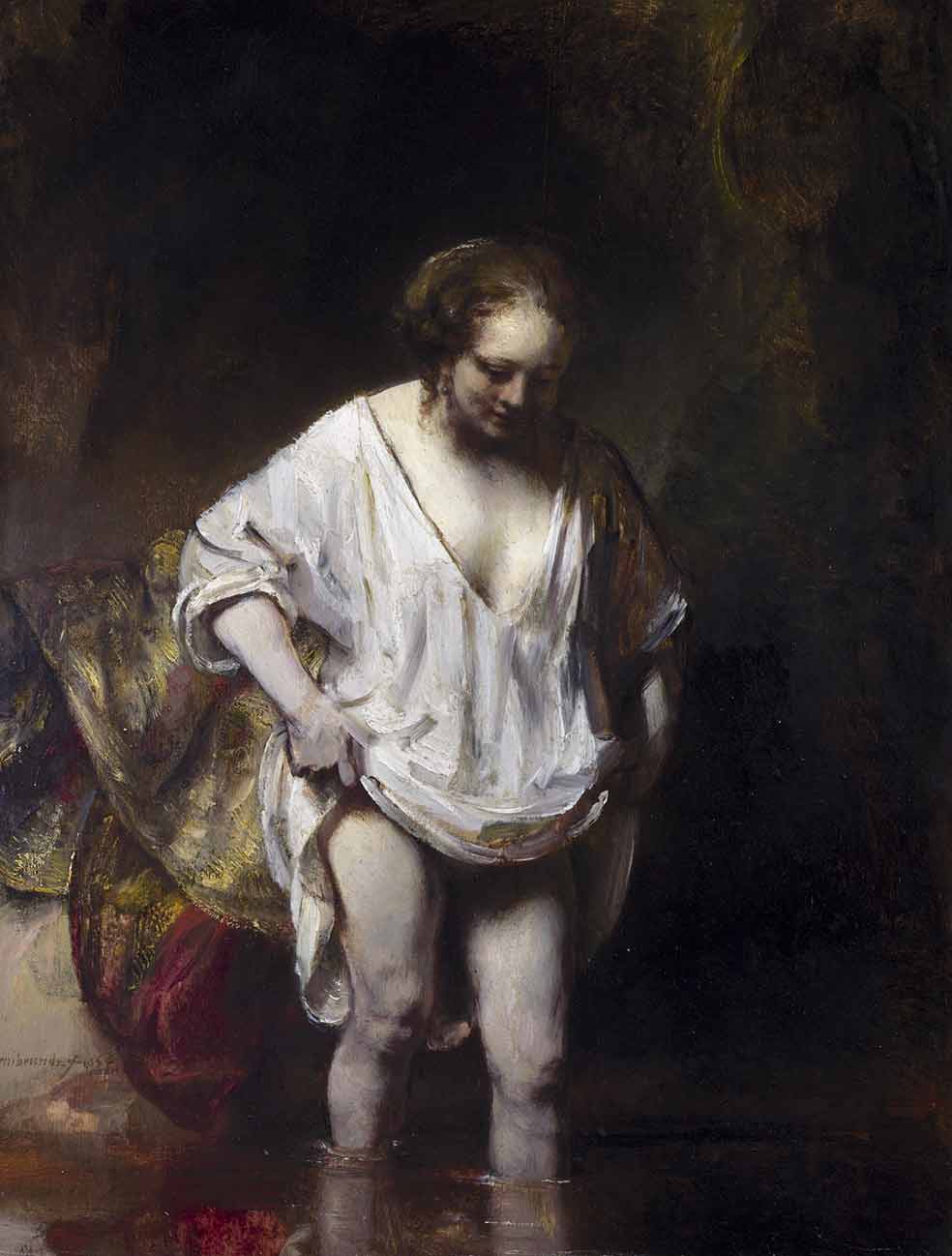 Los críticos creen que la modelo de esta obra, de 1654, es Hendrickje Stoffels, su amante tras enviudar, con quien el pintor tuvo una hija. Con este cuadro, Rembrandt revoluciona el decoro clásico y funda la antipose.