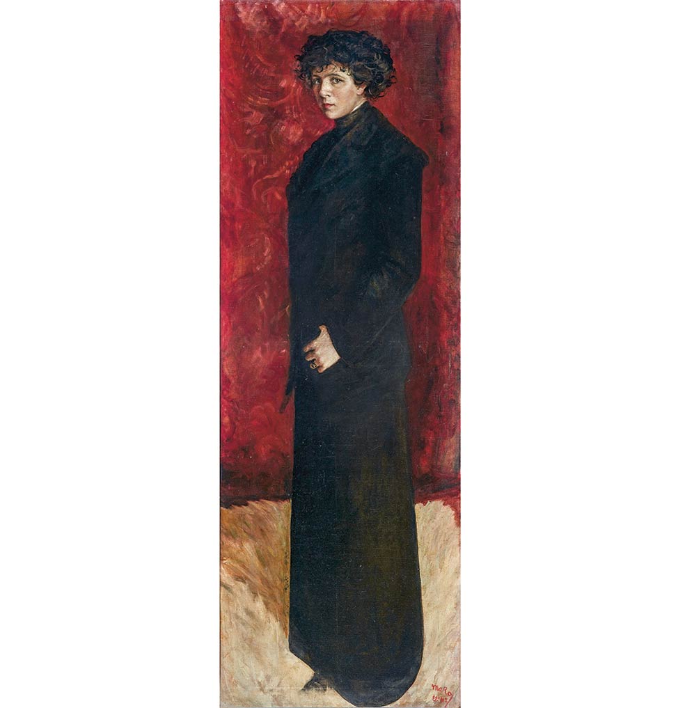 María Roësset cosió cuentas en algunos de sus lienzos de aire bizantino, al estilo de Klimt. Aquí, autorretrato de cuerpo entero, obra del Museo Reina Sofía.