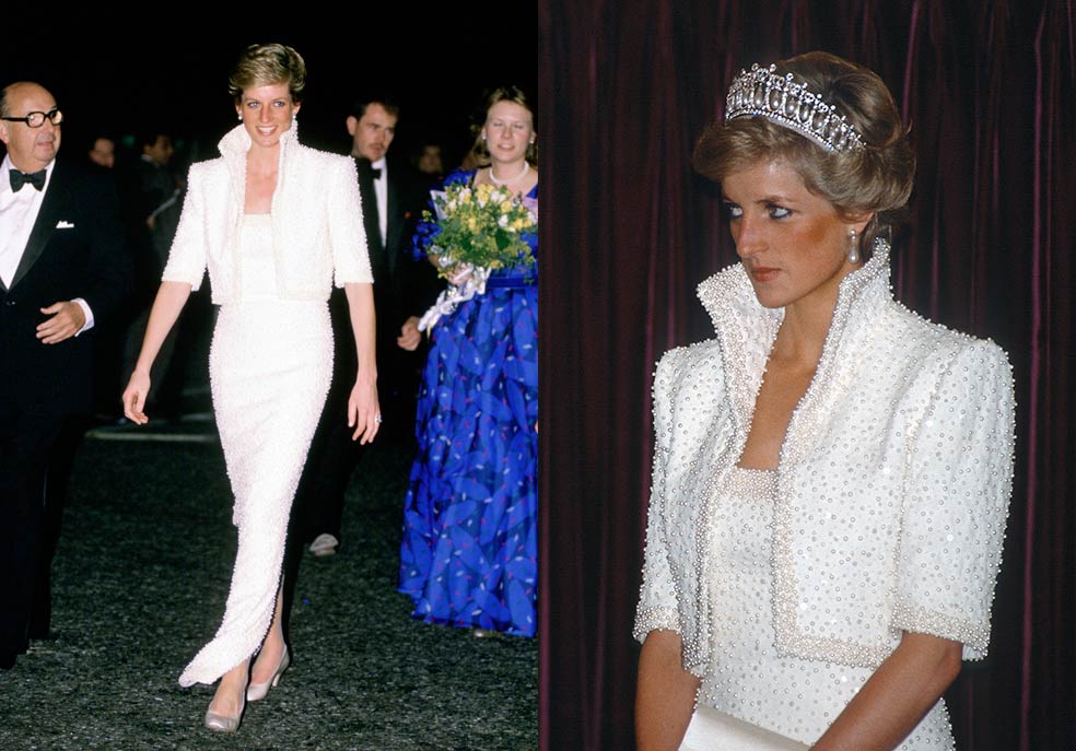 «Rompedor, pero regio» fue la consigna a la que Catherine Walker se atuvo cuando diseñó vestidos para la princesa. «Walker era consciente de que estaba creando un uniforme regio, como los modistos de la corte siglos atrás», comenta Lynn. El vestido está inspirado en los collares con gola del periodo Tudor. Fue creado para una visita a Hong Kong y sus veinte mil perlas son un guiño a la cultura oriental.