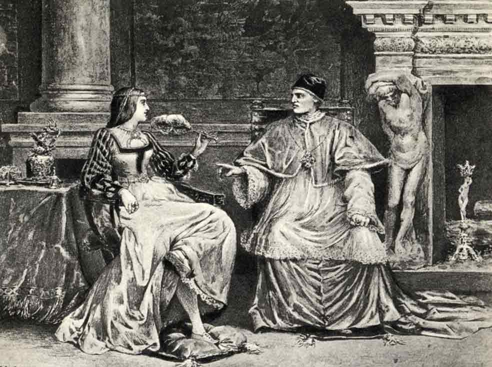 Ilustración que representa a Lucrecia Borgia con el Papa Alejandro VI.