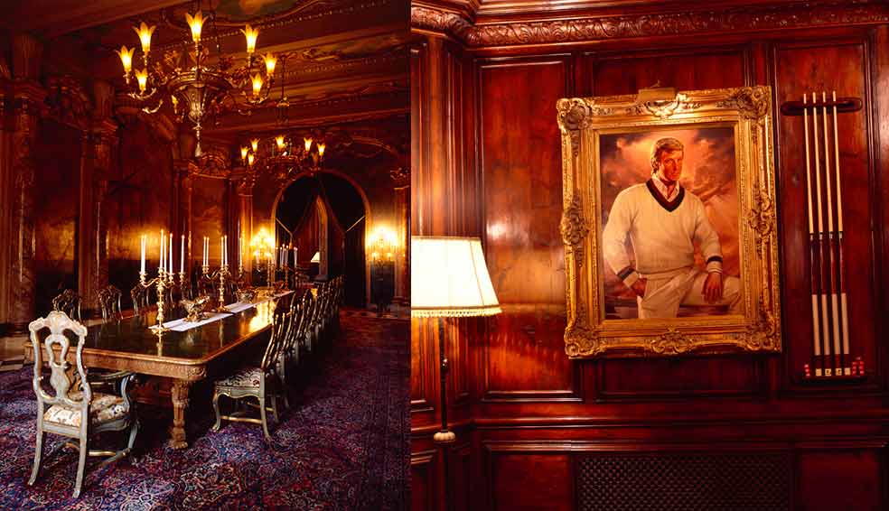 El comedor habitual de la familia Trump, a la izquierda, y un detalle de la sala de billar, en el que se puede apreciar un óleo del expresidente con atuendo de tenis.