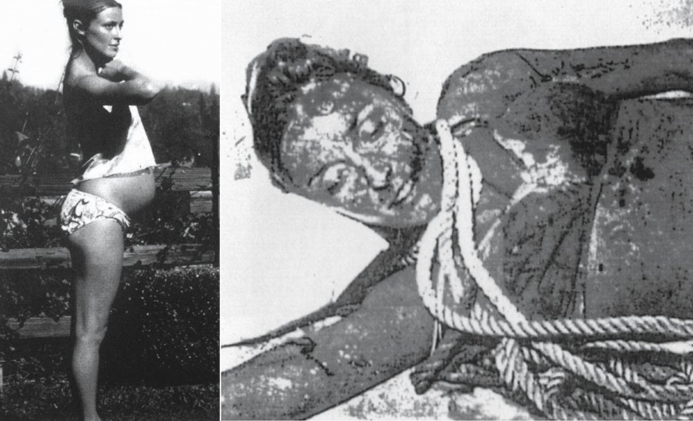 Sharon Tate estaba embarazada de ocho meses cuando sucedió la masacre. A la derecha, su cadáver. «Yacía con las piernas sobre su estómago como queriendo proteger a su hijo. Tenía una soga al cuello, pero murió por arma blanca», afirma el forense.