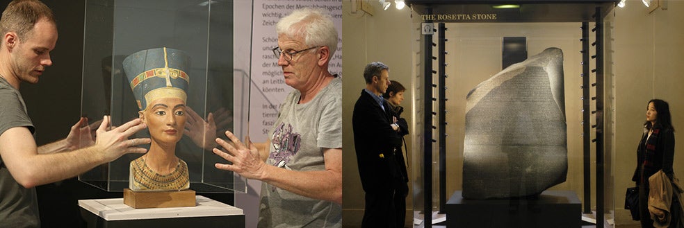 El busto de Nefertiti, en su actual ubicación en el Museo Nuevo de Berlín y la piedra Rosetta, en el Museo Británico, en Londres.