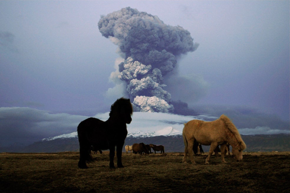 La erupción del Eyjafjallajökull en 2010 lanzó cenizas hasta la estratosfera y paralizó el tráfico aéreo, con multitud de países afectados. |