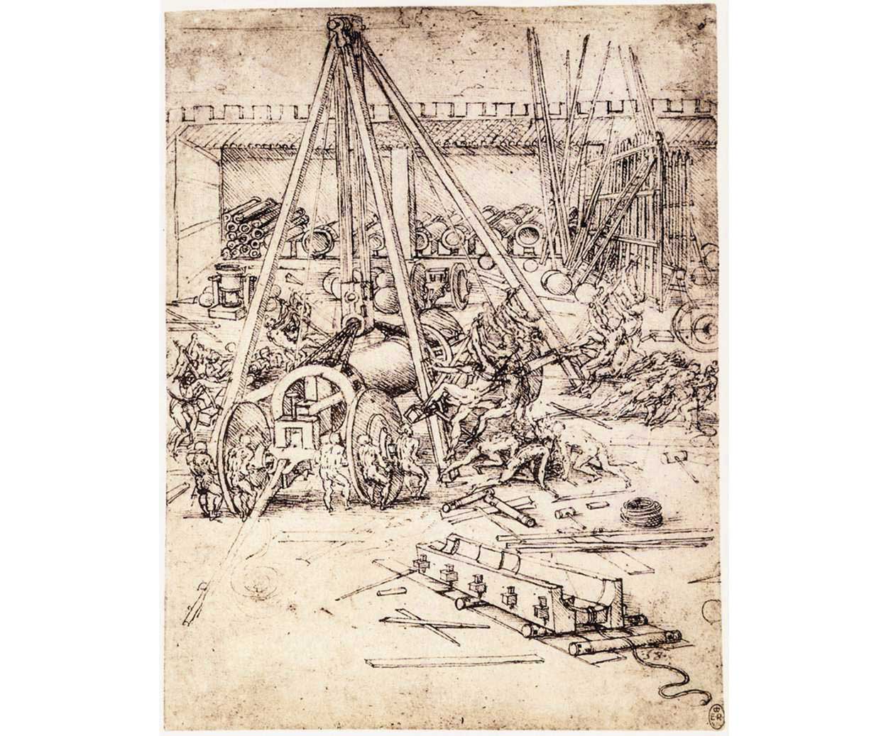 Estudio de una grúa para levantar un cañón en una fundición, en torno a 1487. El realista Leonardo se convertía en un verdadero surrealista cuando la cosa iba de armas. Algunos de sus dibujos servían, básicamente, para entretener a los Sforza.