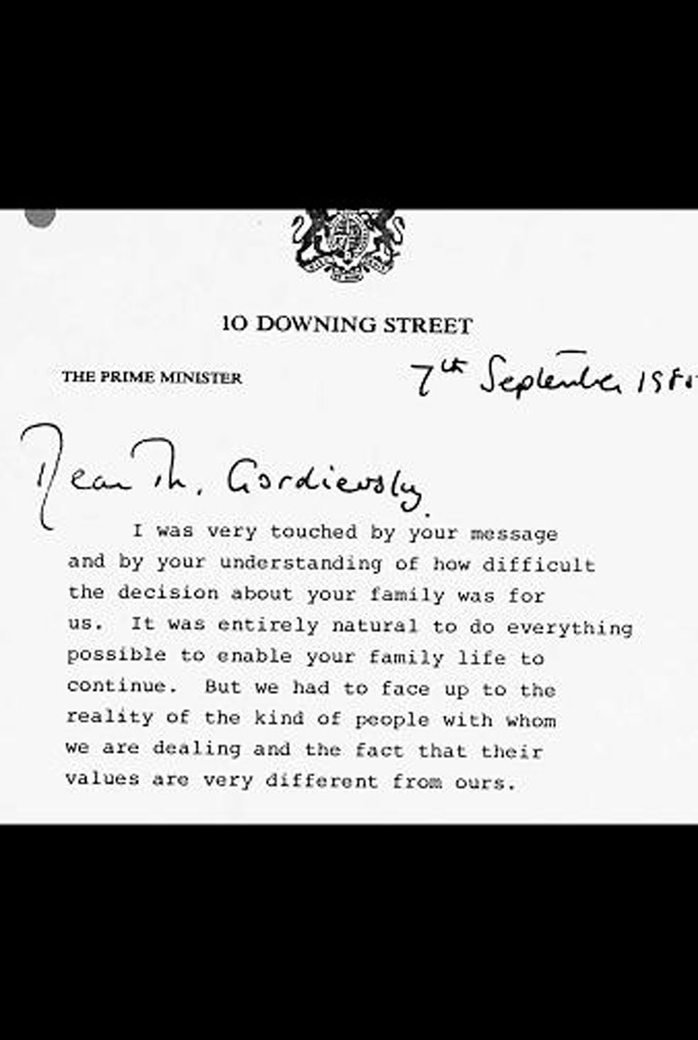 Carta de Margaret Thatcher de 1985 en la que le decía que intercedería para sacar a su familia de la URSS.