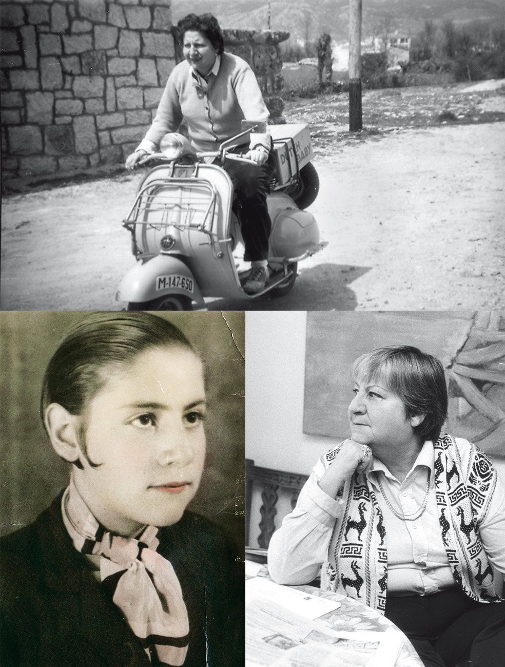 Izda.: Gloria con 13 años. Estudió mecanografía y taquigrafía y trabajó desde jovencita en varias oficinas. Luego fue redactora en revistas, bibliotecaria y profesora de español en EE.UU. Arriba.: En los 50, con su Vespa y su look masculino. Rompedora en todo, en 1951 creó una tertulia de poesía femenina: los hombres no las invitaban a los recitales.
