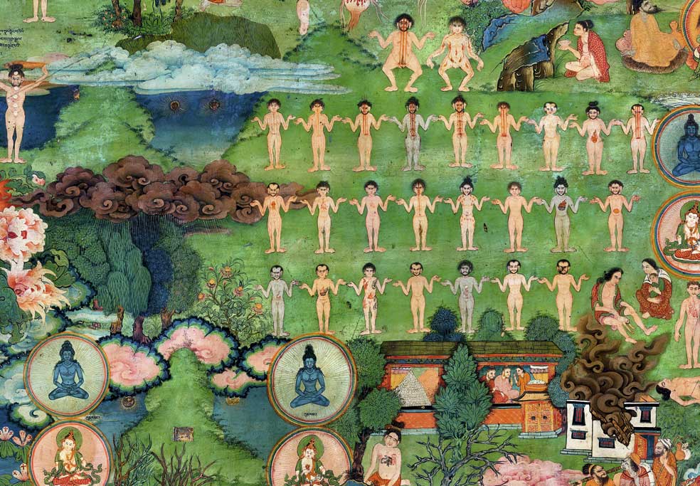 El palacio Lukhang, considerado como la Capilla Sixtina del Tíbet, es la gran enciclopedia del budismo y su cosmología. Sus murales muestran el origen del universo, ejercicios de yoga, deidades y hasta el nacimiento del ser humano. Los yoguis en pie de este representan la evolución del feto en las últimas semanas de gestación. En la primera fila, la formación de los chakras (puntos de energía), el corazón, pulmones, hígado... y el alumbramiento.