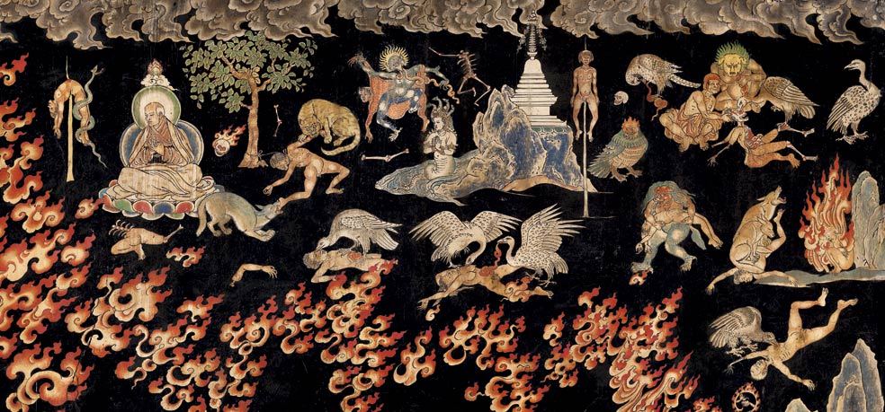 Antiguamente, los cuerpos se abandonaban a merced de los animales y la descomposición en los cementerios, que eran también lugares para la meditación. Este mural del monasterio de Gongkar Chode muestra uno de los 8 grandes osarios de la India.