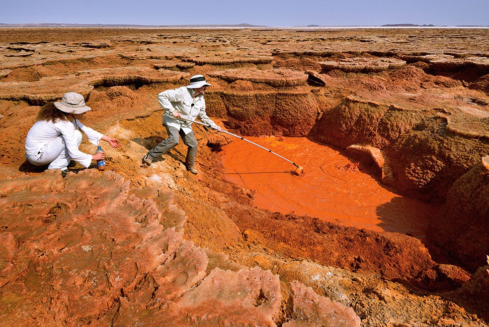 Dallol es zona volcánica activa: en 1926 se registró la última gran erupción. Hay que pisar con cuidado: bajo finas costras de sal se abren fuentes de agua hirviendo. Los nómadas del pueblo afar han bautizado la zona como 'entrada al infierno'.