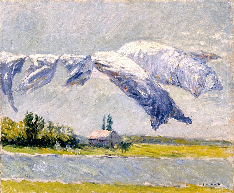 Pinta las llanuras que rodean su casa en Petit Gennevilliers y la ropa blanca tendida sacudida por el viento. También aquí utiliza un punto de vista elevado.