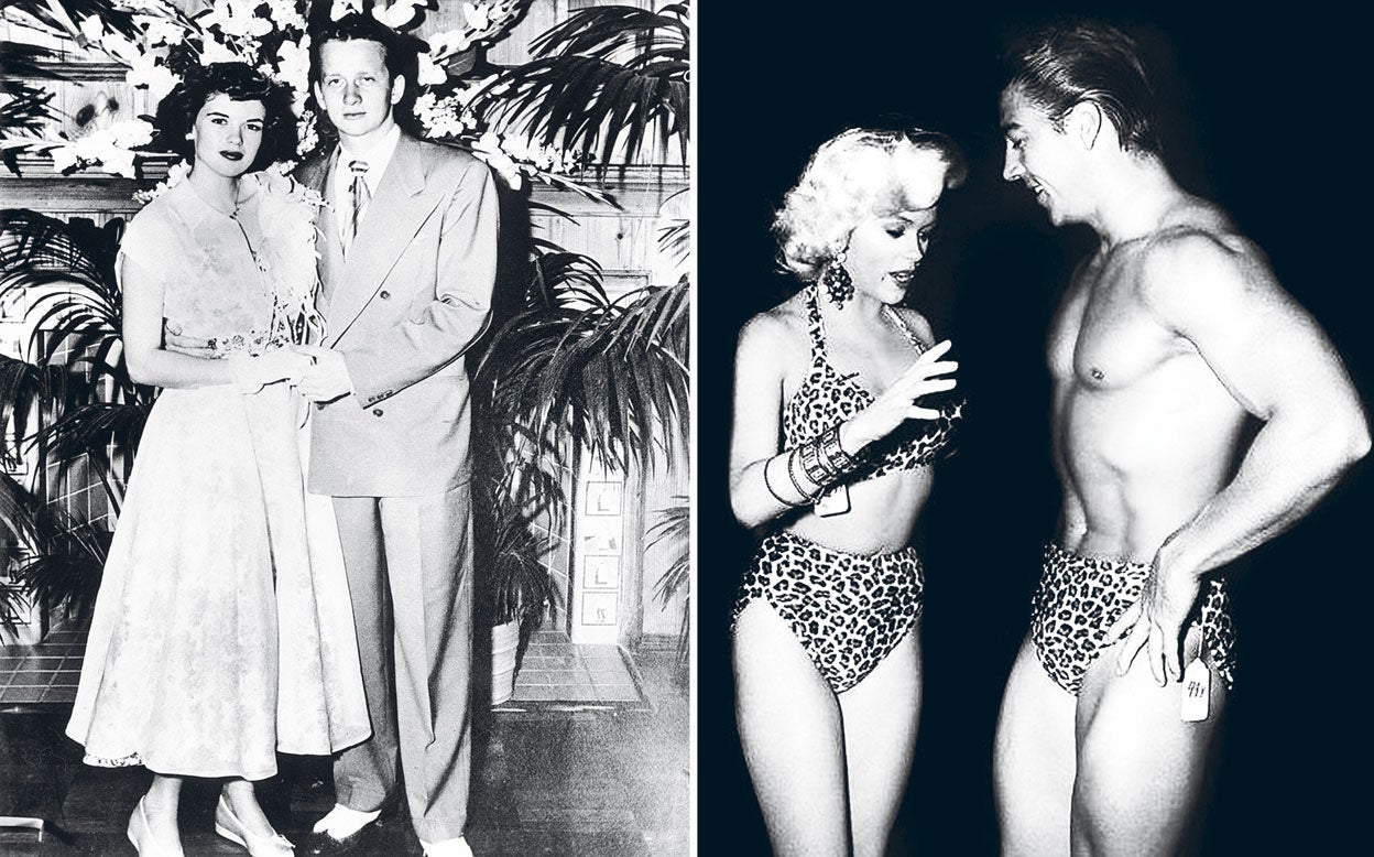 Jayne se casó tres veces. La primera con solo 17 años, cuando todavía era morena, en Texas (izda). Como millares de jovencitas se fue a Los Ángeles en busca del éxito. Allí se tiñó de rubia, se convirtió en sex symbol y se casó con el Mister Universo (dcha.) Mickey Hargitay.