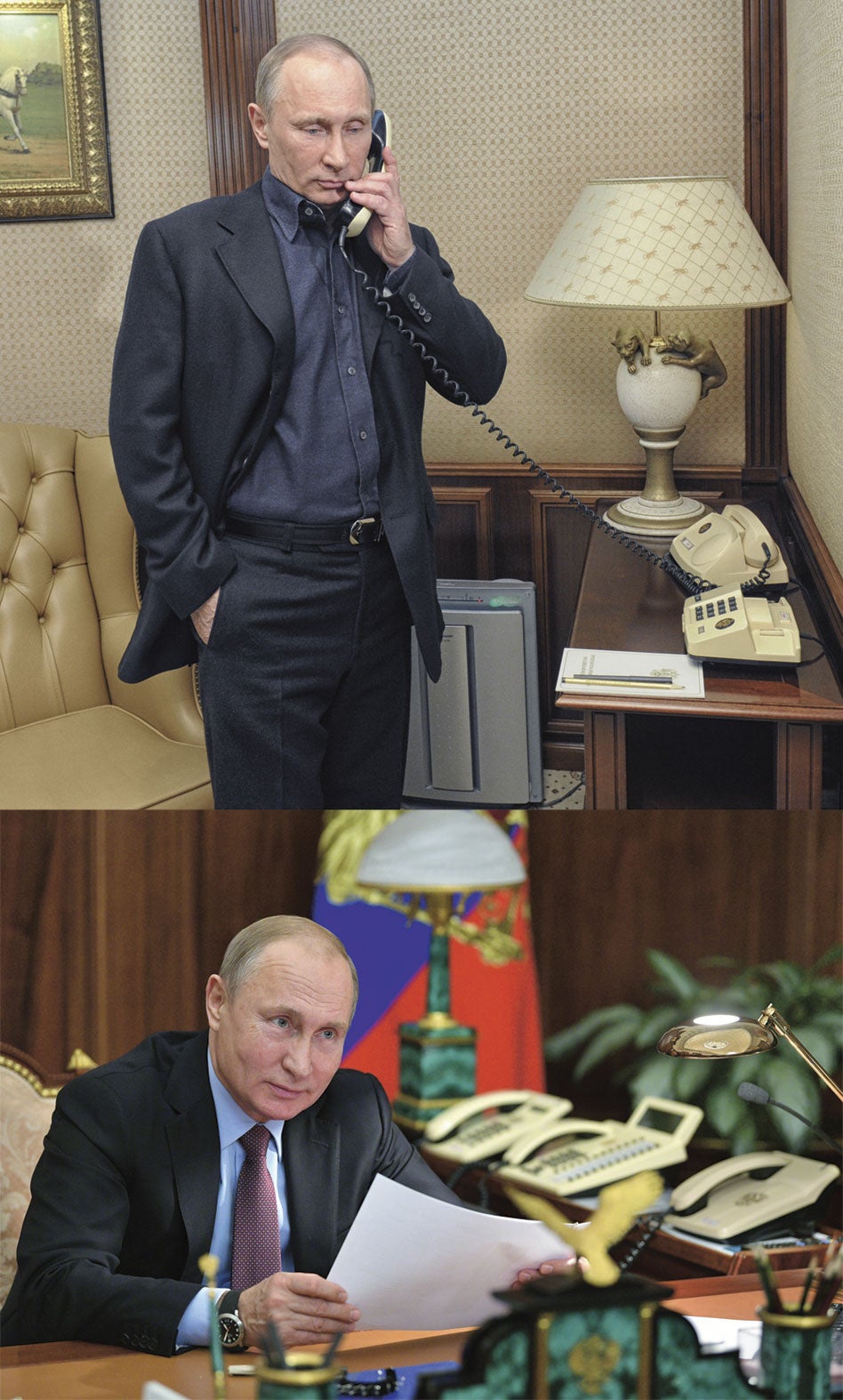 Cada vez más aislado, Putin no se fía del teléfono móvil. Prefiere las líneas terrestres seguras de sus tiempos en el KGB, esos viejos teléfonos de color crema que se ven en su escritorio (en la foto de abajo, en la actualidad; y arriba, en 2012). A pesar de su vetusto aspecto, la señal está codificada con claves que cambian cada día y que llevaría años descifrar.