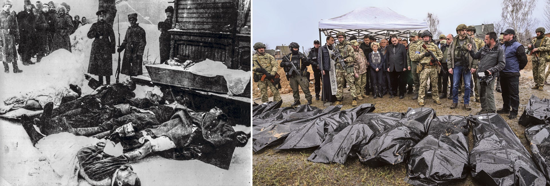 Los rusos han practicado históricamente la crueldad, dice Beevor, también en la Revolución Rusa (junto a estas líneas) hasta la actual guerra en Ucrania (en la imagen color, la matanza de Bucha). |