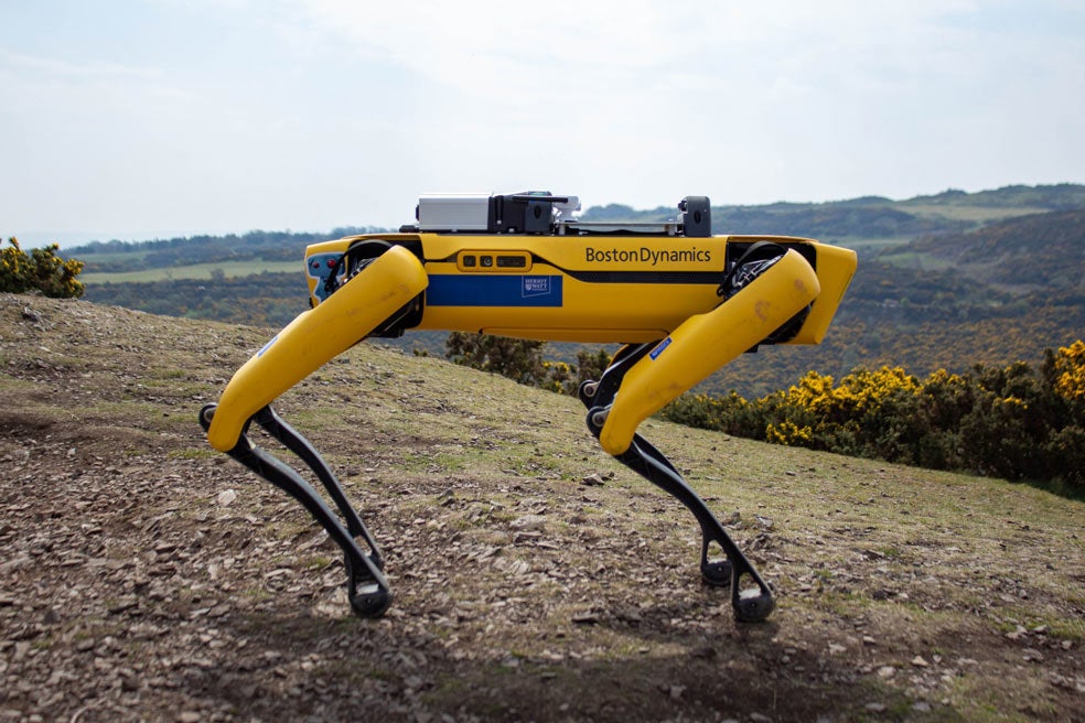 La idea de Howells es contrataron los perros robot de Boston Dynamics, equipados con cámaras de circuito cerrado de televisión itinerantes para escanear la basura.