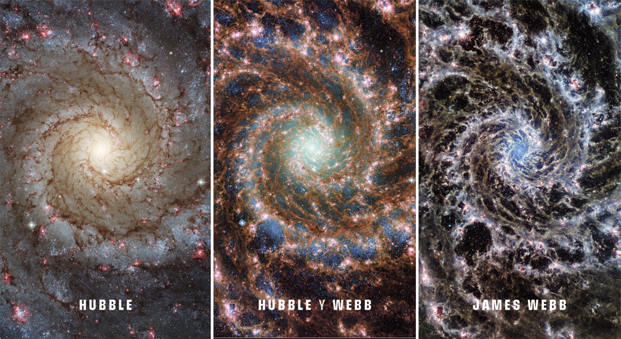 Los nuevos telescopios mejoran nuestra visión del universo. Estas tres imágenes corresponden a la galaxia en espiral Phantom. A la izquierda: la foto del Hubble. A la derecha: la del James Webb. La imagen del centro fusiona las dos anteriores. Los científicos combinan datos de telescopios que operan en todo el espectro electromagnético para comprender verdaderamente los objetos astronómicos.