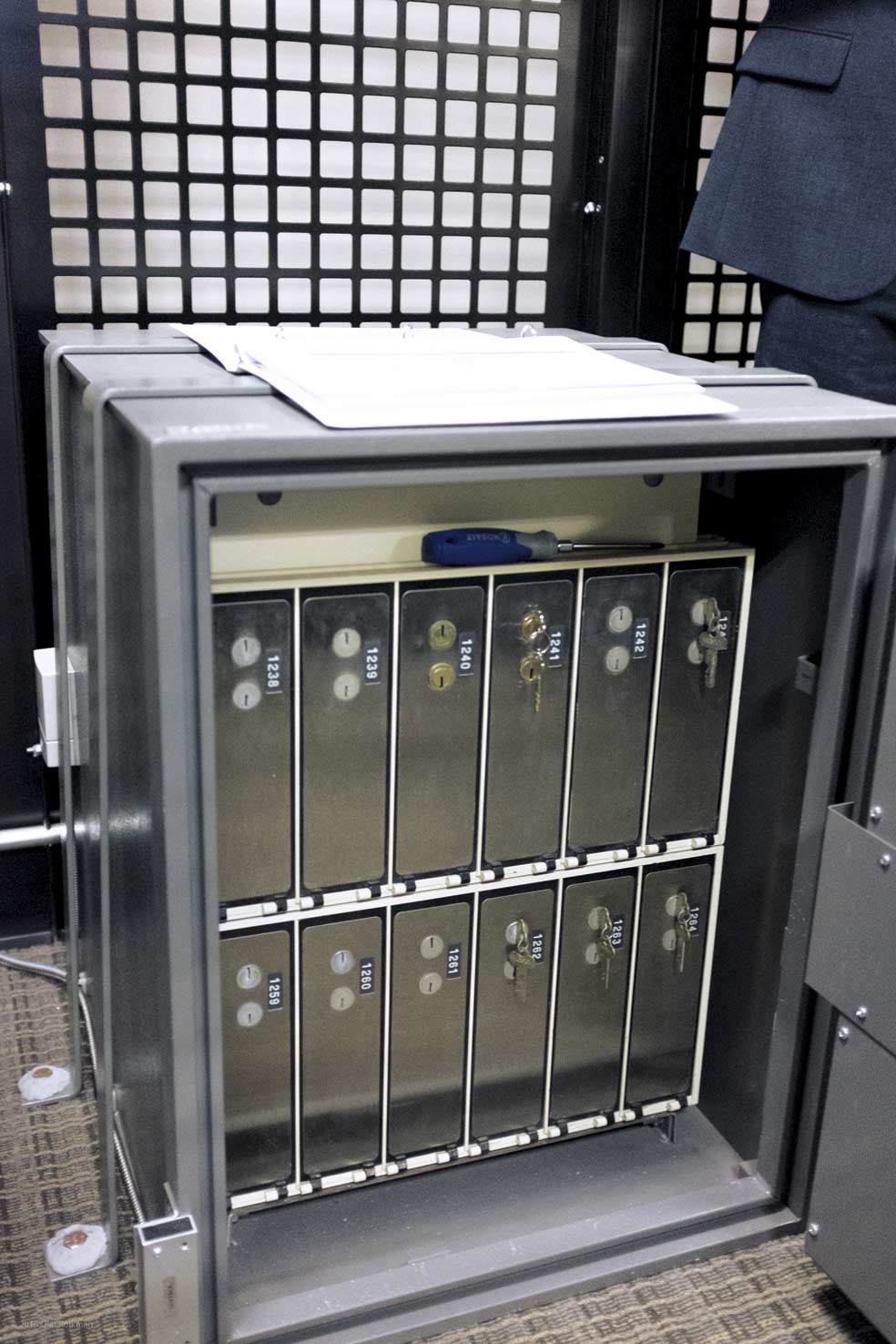 Hay dos grandes cajas fuertes en sendas habitaciones. Esta de la imagen contiene cajas de seguridad parecidas a las que se pueden encontrar en un banco. Aquí se hallan las tarjetas inteligentes con las que los guardianes obtienen el permiso para activar el módulo de hardware que generará las nuevas contraseñas. La otra contiene el módulo en sí. Hay dos dispositivos en cada sede, por si el otro se avería.