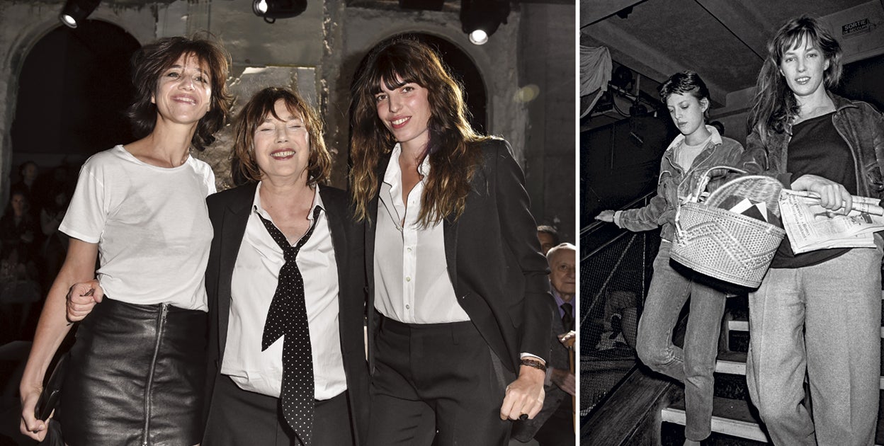 Birkin entre Charlotte Gainsbourg y Lou Doillon (hija de Jacques Doillon, su tercer marido) en 2016. A la derecha: con Kate Barry, su primera hija (con el compositor John Barry), en 1982. Kate tuvo problemas con el alcohol y las drogas desde la adolescencia. Se suicidó en 2013 saltando desde un cuarto piso. |