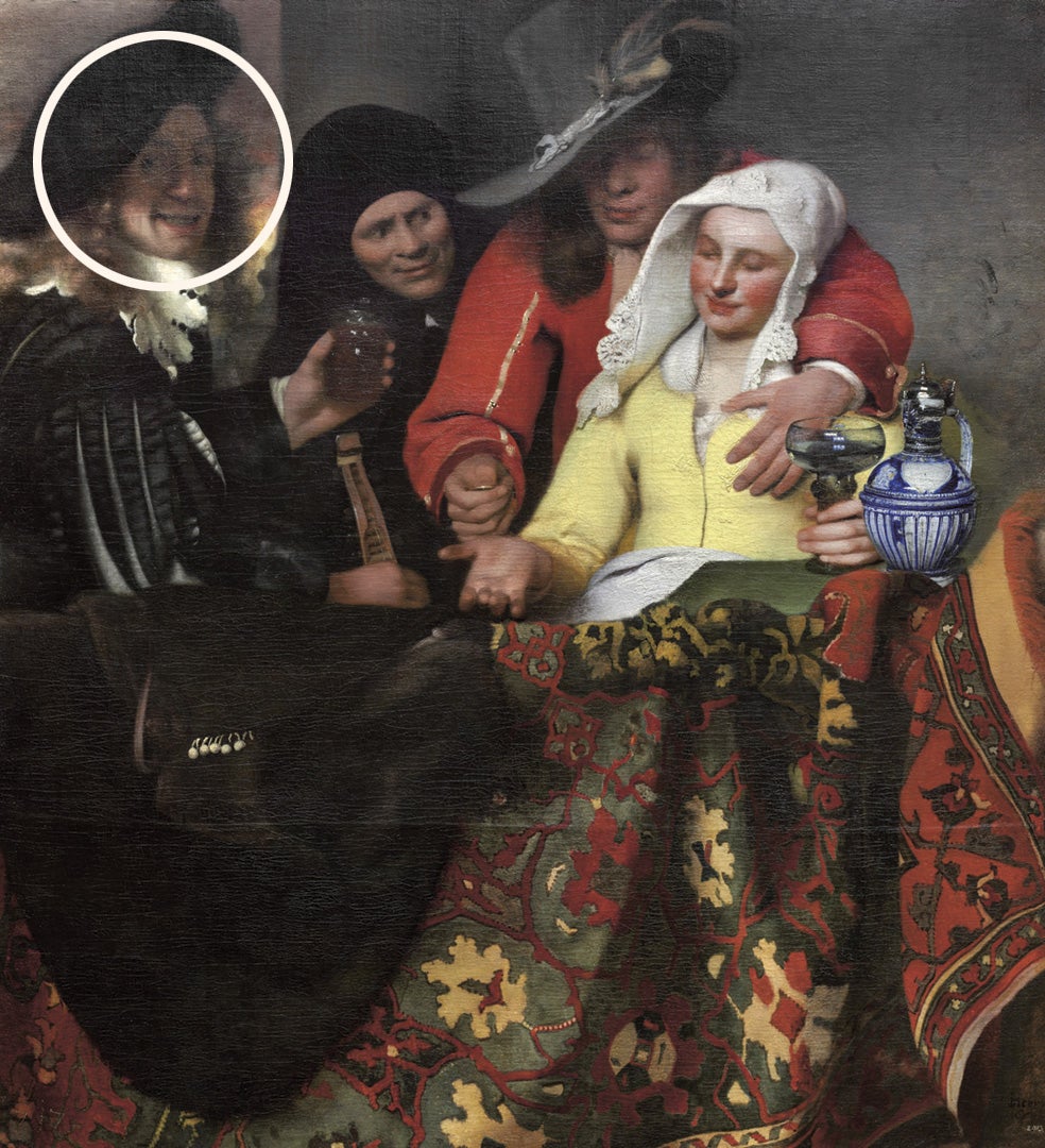 En una primera etapa, Vermeer pintó a la manera de Caravaggio. Aquí, La alcahueta, donde algunos dicen que Johannes Vermeer se autorretrató.