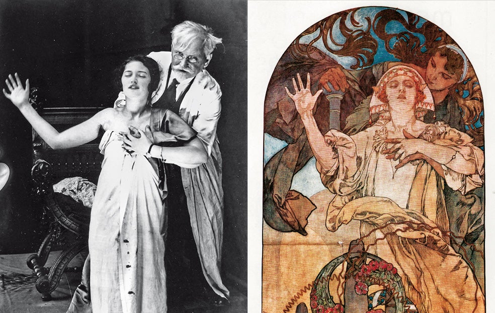 Mucha muestra a su hija Jaroslava, también pintora, cómo posar para un cartel de 1927 en el que se anunciaba un sistema de sonido. Mucha también pintó a su hija en los primeros billetes checos.