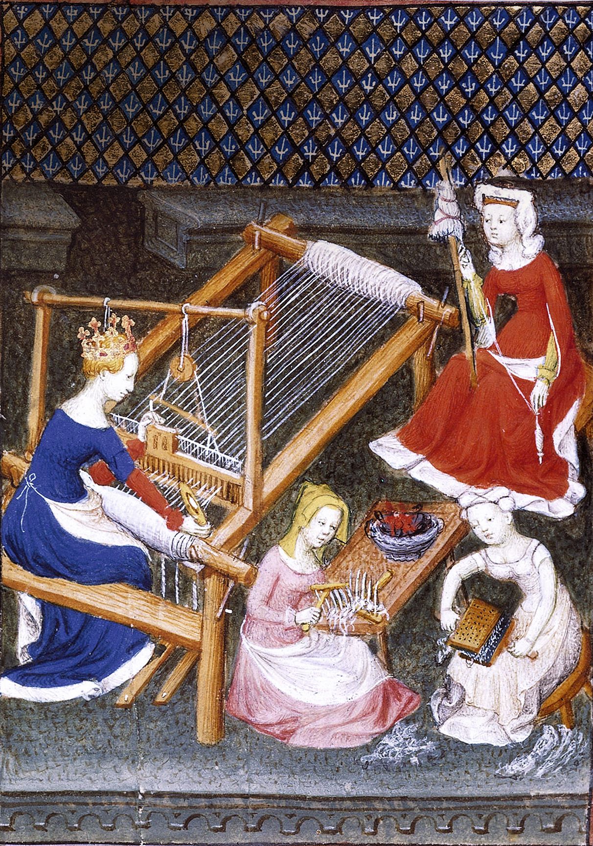 Del centenar de oficios de la época, 72 podían desempeñarlos las mujeres. Y 26 eran exclusivamente femeninos; muchos, relacionados con lo textil. Iluminación de Des Femmes nobles et renommées, de Bocaccio (1402). |