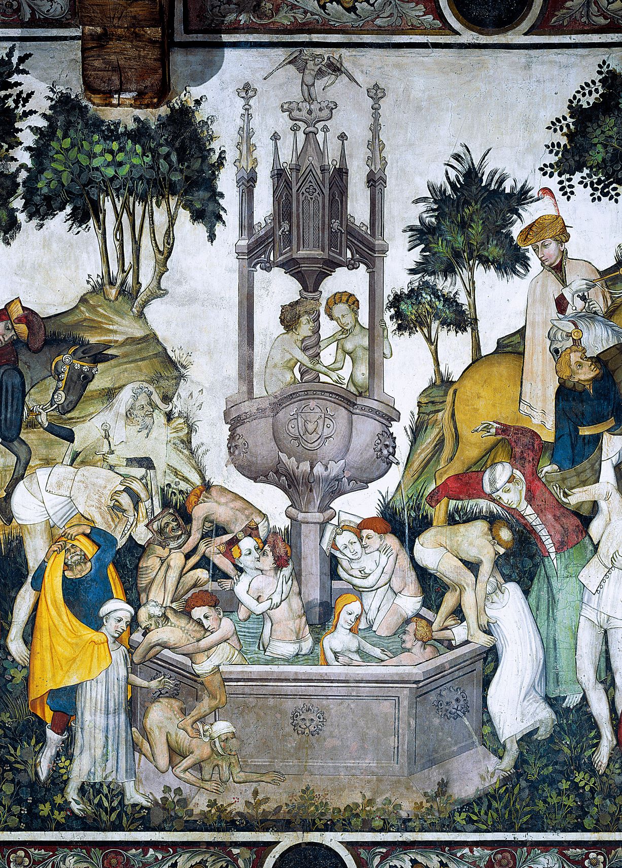 La prostitución, regulada y floreciente, permitía a una 'obrera del amor' ganar en dos citas lo que una campesina en un mes. Acudía a domicilio o recibía en la mancebía. Fragmento del fresco La fuente de la juventud (1416-1426). |