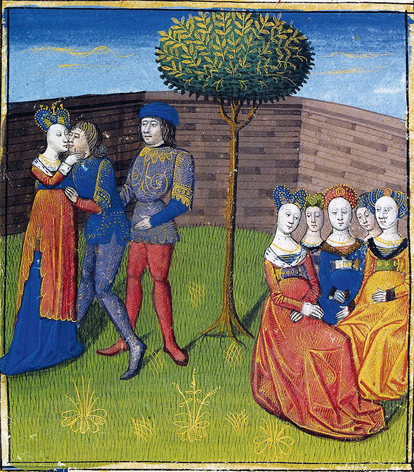 El amor cortés, difundido por la literatura desde el siglo XII, cambia la relación hombre-mujer: la dama es la dominadora y el caballero, el que ofrece sumisión. Iluminación de Lancelot du Lac, de 1470. |