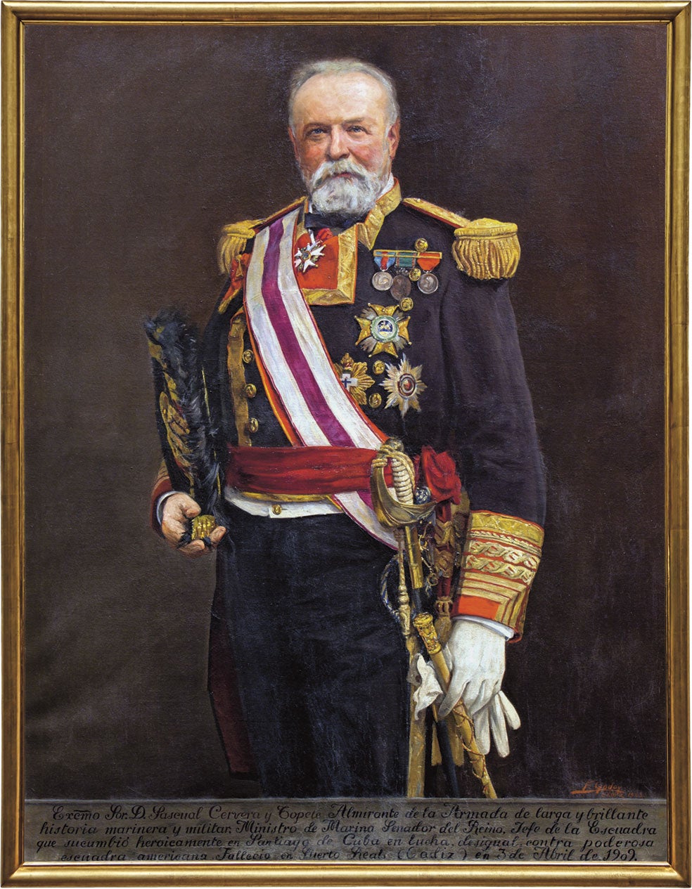 Retrato de Pascual Cervera, almirante de la Armada Española en Cuba, que, pese a la derrota, salvó su honor. En la apertura: el acorazado Infanta María Teresa, ya varado en la costa. Fue el buque insignia de la escuadra de Cervera.