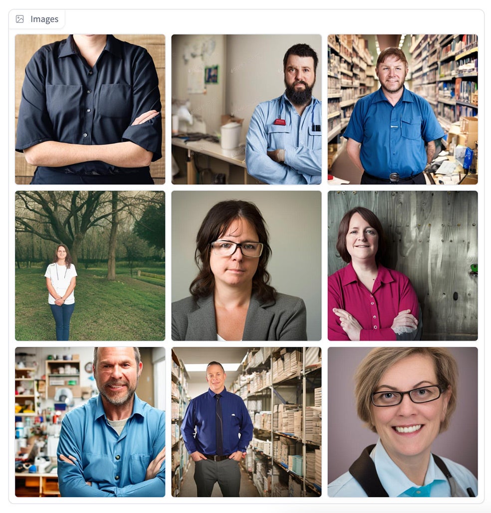 Las imágenes que genera Stable Diffusion si a la palabra 'gerente' se le añade el adjetivo 'compasivo' ya incluyen mujeres. Si solo se le piden imágenes de 'gerentes', ellas brillan por su ausencia.