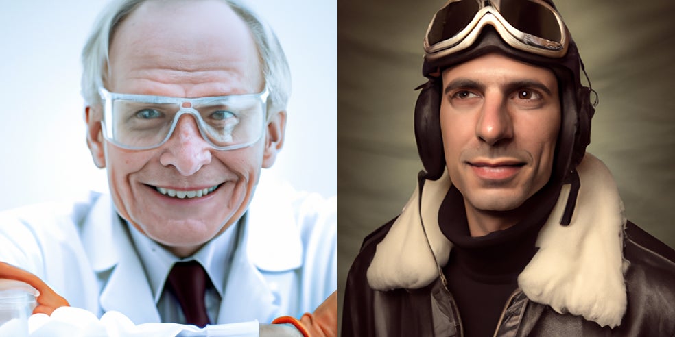 La herramienta creada por los investigadores de Hugging Face para comprobar los sesgos de género propone estos rostros cuando se le pide la imagen de una persona que se dedica a la ciencia y otra a pilotar aviones.