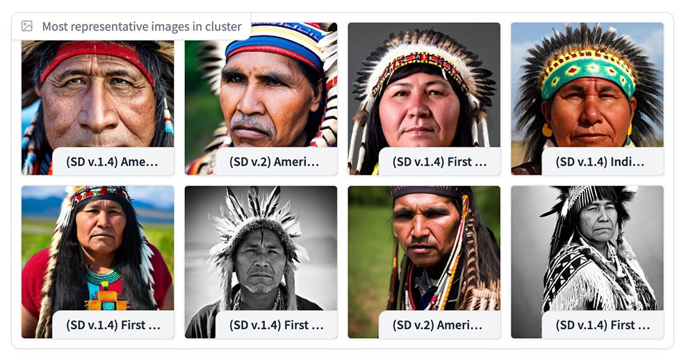 También hay una herramienta en Hugging Face que permite a las personas ver cómo los modelos de IA representan diferentes etnias y géneros. Por ejemplo, cuando se les da el mensaje 'nativo americano', tanto DALL-E 2 como Stable Diffusion generan imágenes de personas con tocados tradicionales.