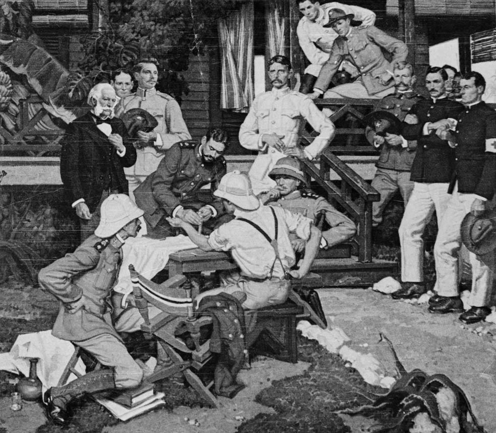 En 1900, en Cuba, el bacteriólogo Carlos Finlay fue autorizado a realizar un experimento con el cual demostraría que la fiebre amarilla era transmitida por un mosquito, el Culex. El joven médico militar Jesse William Lazear (en la imagen, sentado de espaldas) participó en el experimento dejándose picar por un mosquito infectado. Finlay tenía razón. Lazear murió de fiebre amarilla.