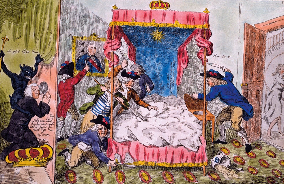 Los problemas del matrimonio se convierten en gasolina para el fuego revolucionario. Aquí, un dibujo en el que se satiriza un asalto a la cama de los reyes.