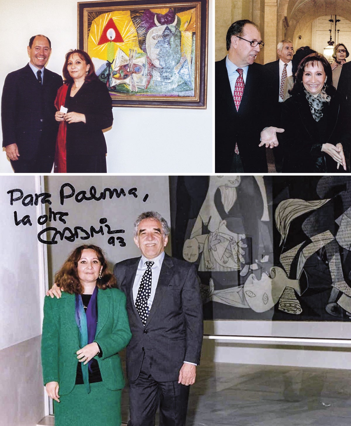 Paloma Esteban Leal con Claude Picasso en la inauguración de la exposición Picasso Minotauro; y con Rafael Canogar y Gabriel García Márquez en otras exposiciones.