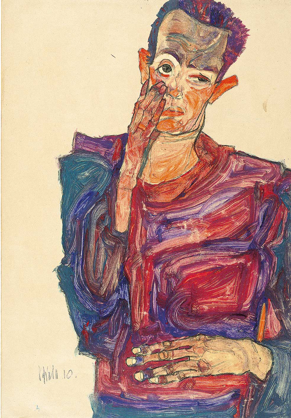 Realizó más de cien (este está fechado en 1910, cuando el artista tenía 20 años). Y en ellos volcó la poliédrica visión de sí mismo, como eccehomo, profeta, delincuente sexual, monje, presidiario, loco... Todos ellos revelan tanto al artista narcisista como al despiadado observador de sí mismo.