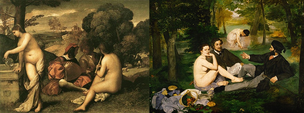 Todo el esplendor de la pintura veneciana se encierra en la primera de estas obras por la maestría con la que su autor –que, para algunos críticos, es Tiziano– retrató una atmósfera idílica en los gloriosos términos que sólo el Renacimiento plasmó. La réplica de Manet escandalizó en su época, no por la novedad de su técnica, sino por reproducir, con la naturalidad de un renacentista, un desnudo femenino entre dos hombres vestidos.