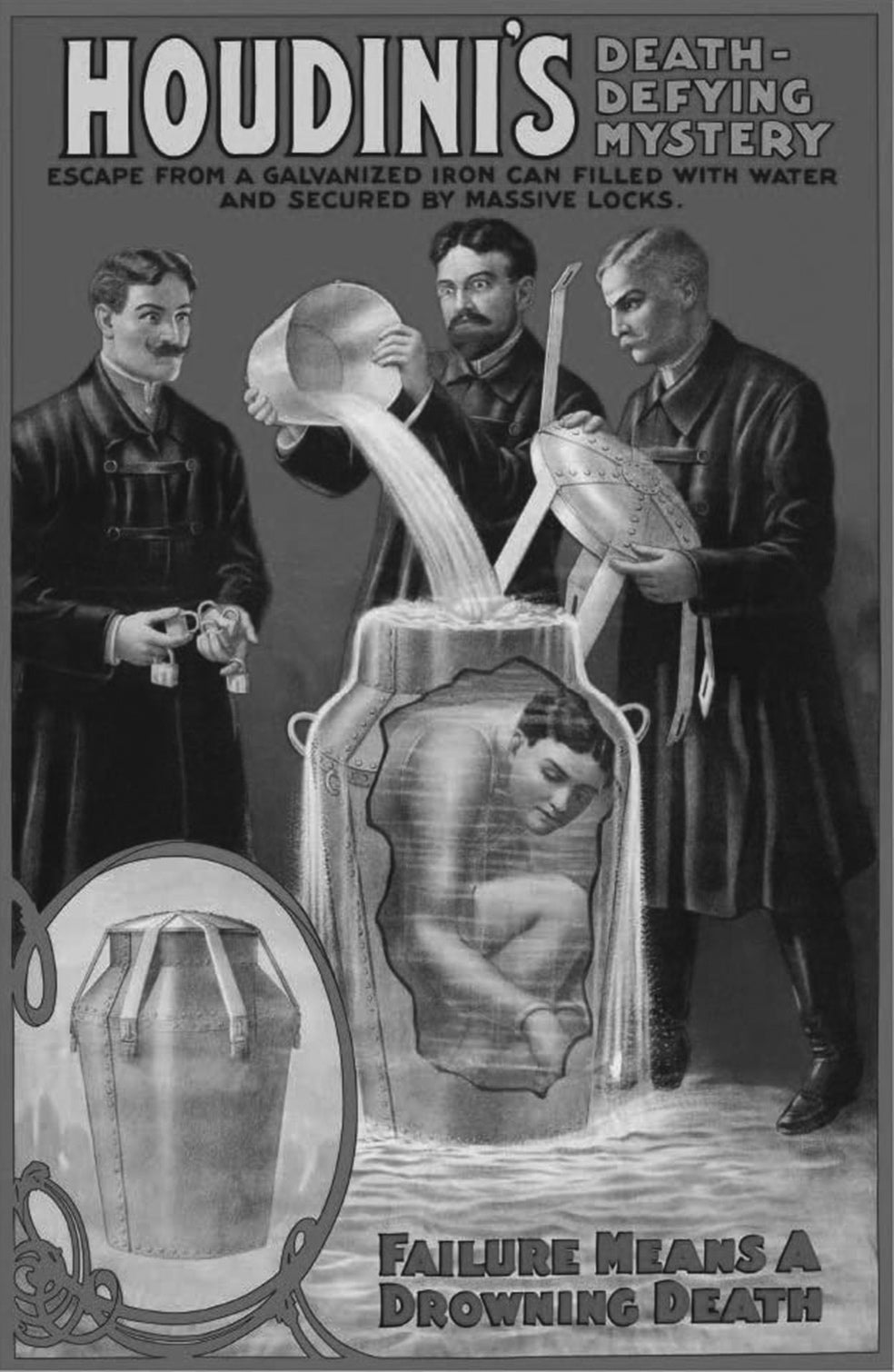 Fue uno de los más famosos. En 1908, en San Luis, mostró su número de la cantina de leche. Houdini se introdujo atado en el envase lleno de agua. La tapa aparecía sellada con unos grandes remaches falsos que aportaban la ilusión de indestructibilidad. El mago se limitó a quitarle la tapa al recipiente.