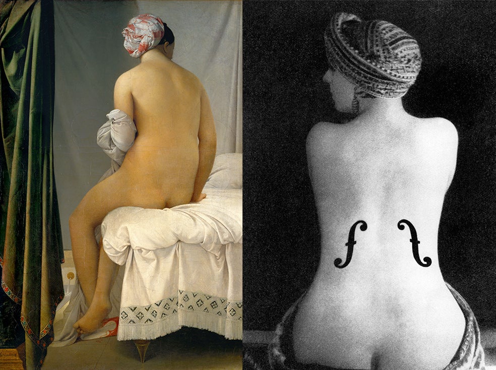 Ingres pintó esta obra (izda.) en Roma, inspirado en Rafael, con el que compartía la pasión por el dibujo. La luz difusa de estancia cerrada y los perfiles nítidos emanan una sensualidad lánguida. La foto de Man Ray, extraña y ambigua, a la manera alegre y explícita de los dadaístas, propone una doble comparación: con la bañista y con el instrumento musical como objeto sensual.
