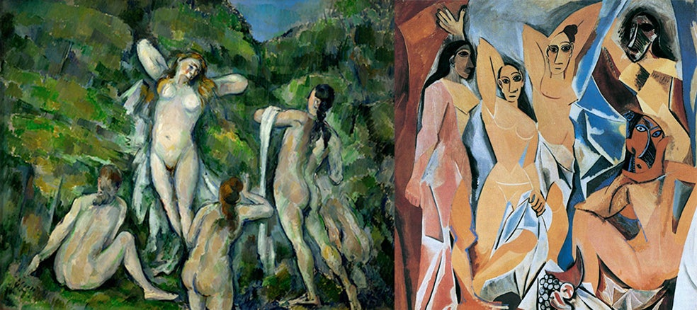 Cézanne despojó al desnudo femenino de referencias temáticas o sensuales y desplegó a cambio un resumen de sus descubrimientos plásticos, con los que reinventó el modo de mirar. No en vano, dos años después, Picasso pintó esta obra inaugural del cubismo –inspirada en la escultura negra, recién descubierta, y en el cuadro de Cézanne–, donde la ruptura con la tradición (profundidad espacial y la belleza) ya era total.