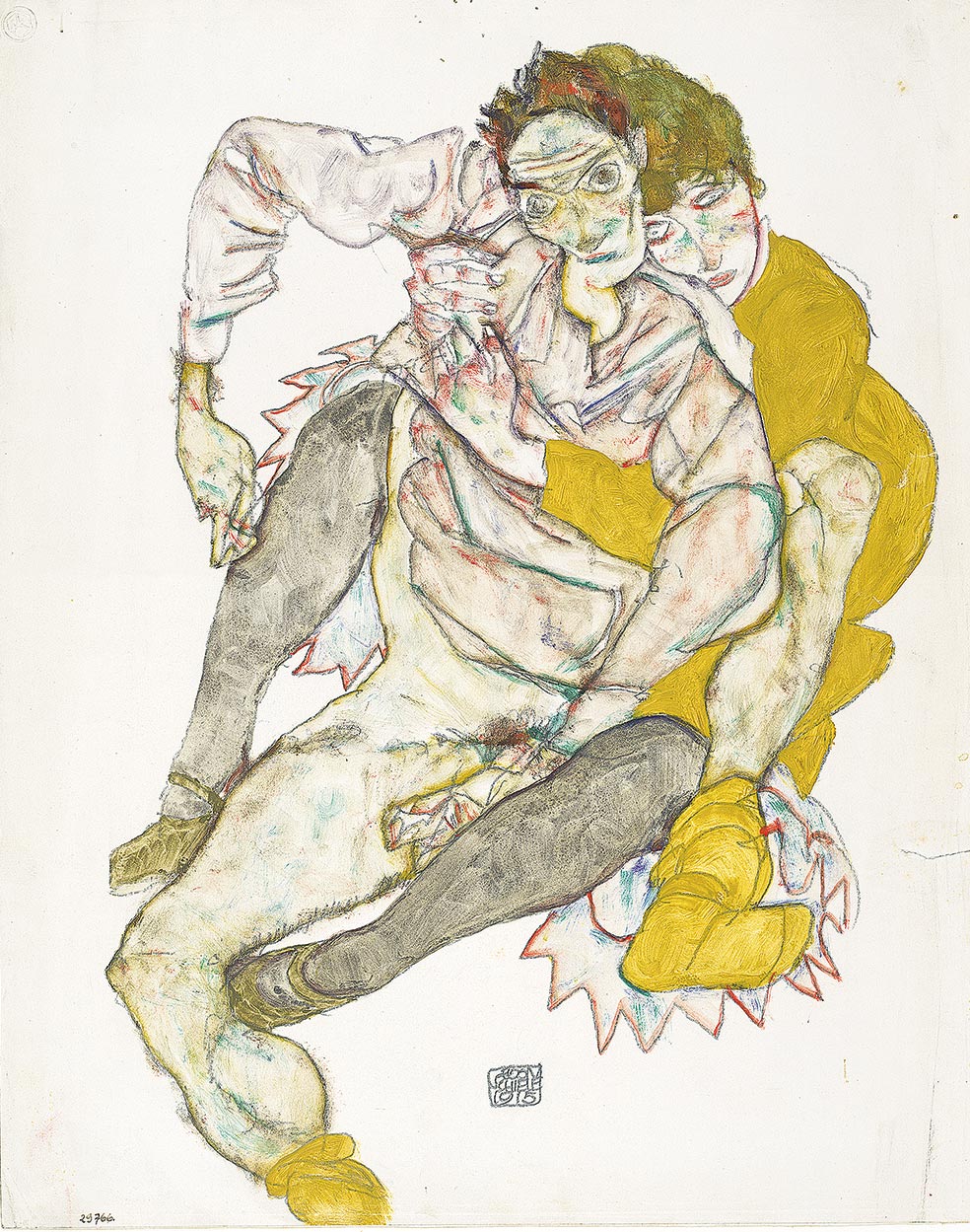 Pareja sentada, de 1915, es una de las piezas expuestas en el Guggenheim de Bilbao. Al ver muchas de sus obras, sorprende la escala a las que Egon Schiele (1890-1918) las realizó, más pequeñas de lo pensado. Esta, hecha con acuarela, lápiz y sello sobre cartón, mide 52 x 41 cm.