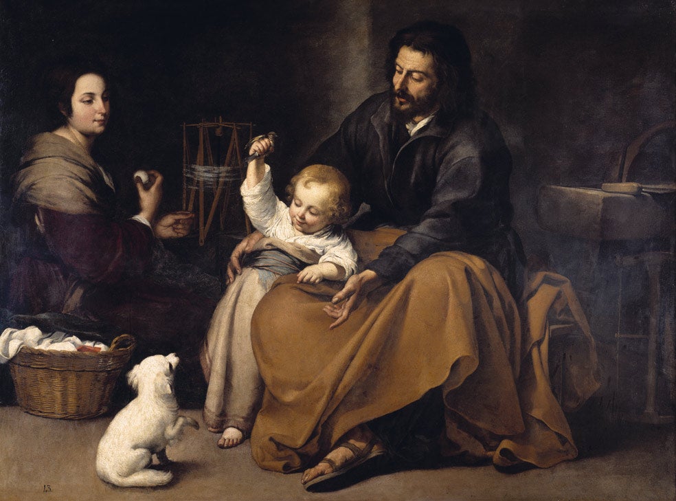 Sagrada Familia del pajarito, 1650. Murillo exalta la ternura paternal de San José, que, con el Niño, ocupa el primer plano, tradicionalmente reservado a María. El perro, el jilguero, el cesto de costura... completan un retrato tanto más misterioso y monumental cuanto más íntimo y doméstico es su marco.