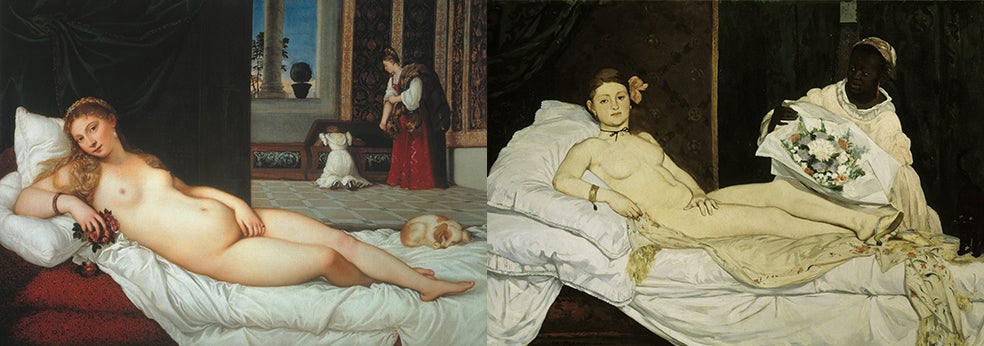 Tiziano revolucionó la iconografía del desnudo femenino con esta venus, que, por primera vez en la historia, no oculta su mirada al espectador. Los símbolos matrimoniales (el perrito y la criada) añaden ambigüedad a la sensualidad de una escena que Manet actualizó llevando al lienzo no a una venus ni a una casta doncella, sino a una prostituta parisiense con todos sus atributos: la criada negra y las flores, regalo del protector...